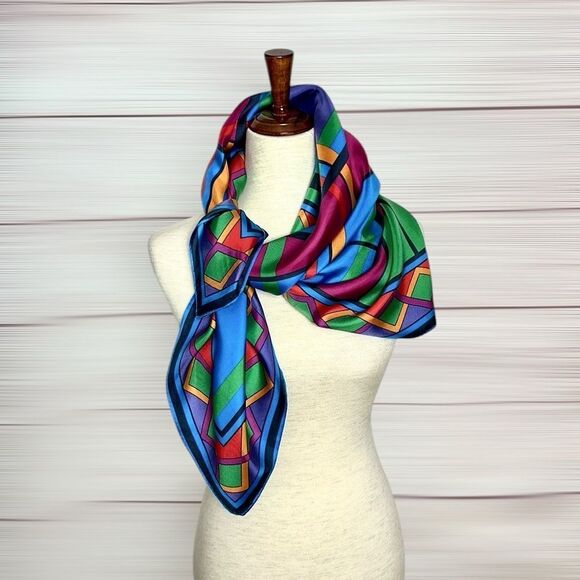 Linda Allard Ellen Tracy Silk Square Scarf Bright Colors Geometric Print Japan - Picture 8 of 11